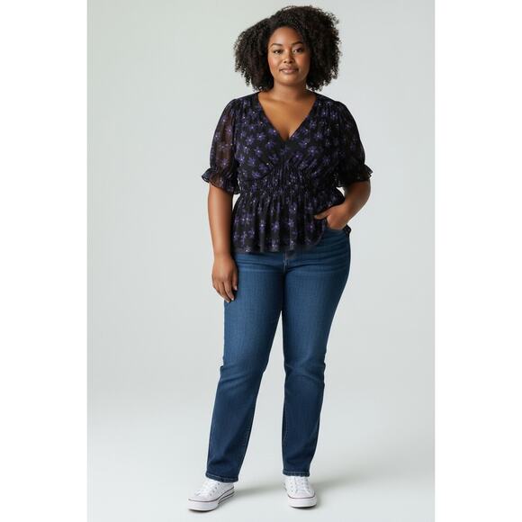 Ava & Viv floral frilly V-Neck lined Short Sleeve Shirt Sz 3X Black NWT - Picture 1 of 9